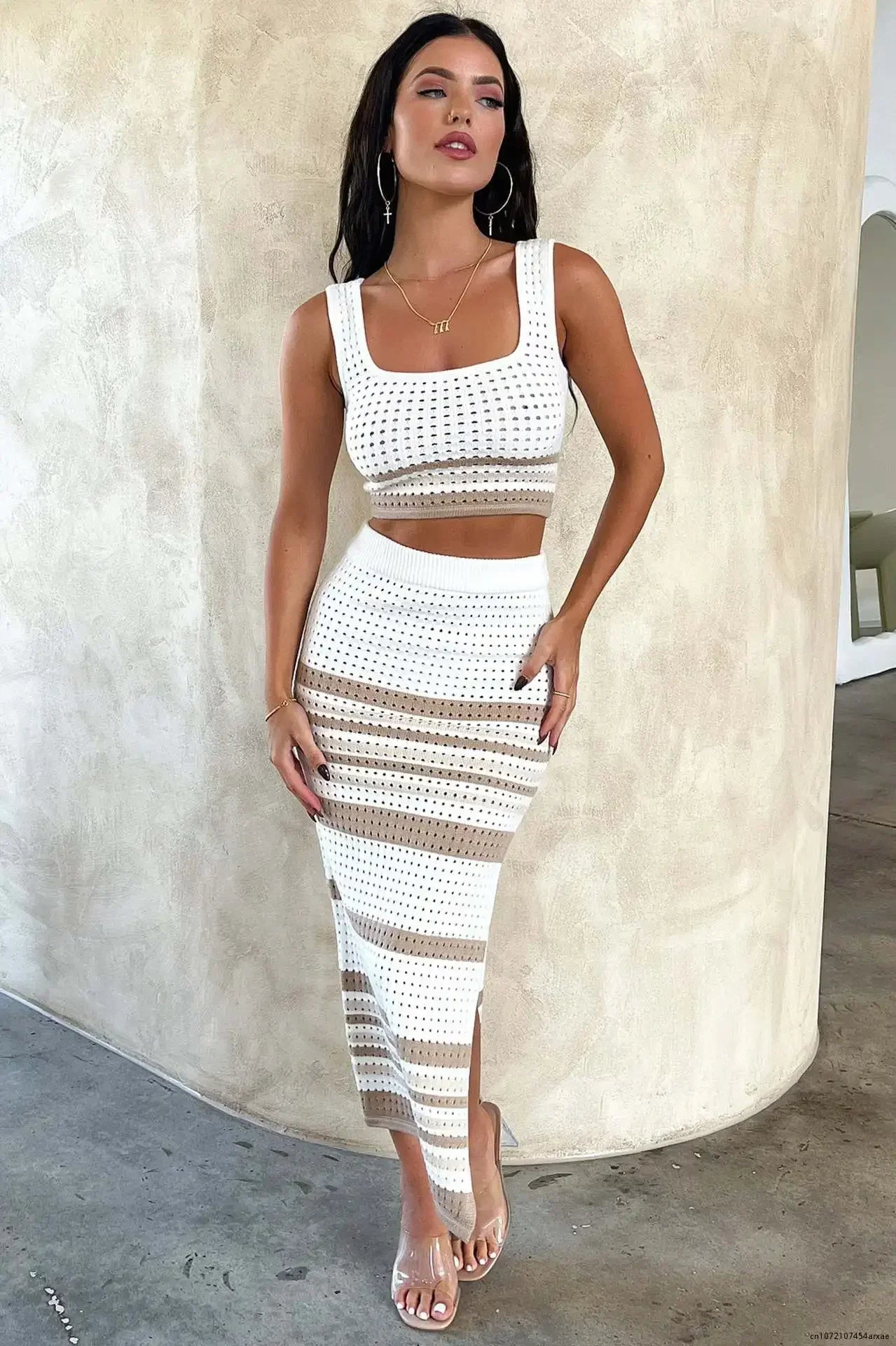 Striped Crochet vest and skirt set